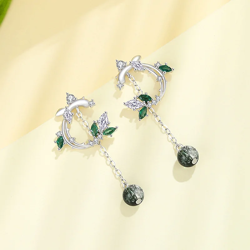 European Sparkling S925 Sterling silver Green AAA CZ Branch Jewelry Set Necklace Earrings Bracelet For Women Birthday Gift