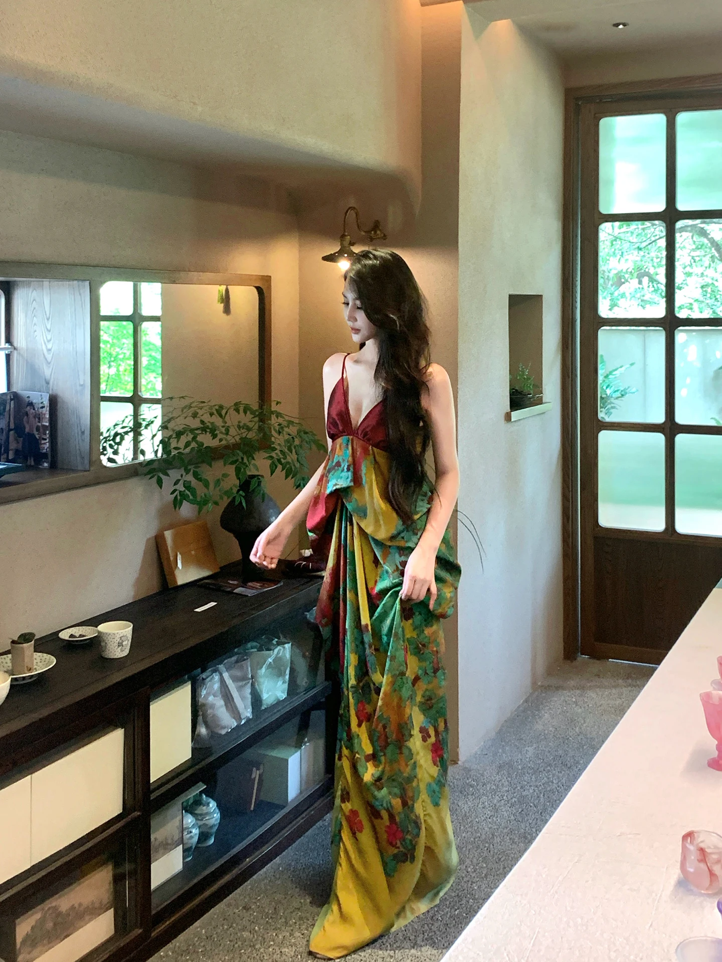 

Retro Silk Satin Print adient Long Dr Women Summer V-ne Strapl Dr Ci Commute Suitable High Waist Gown