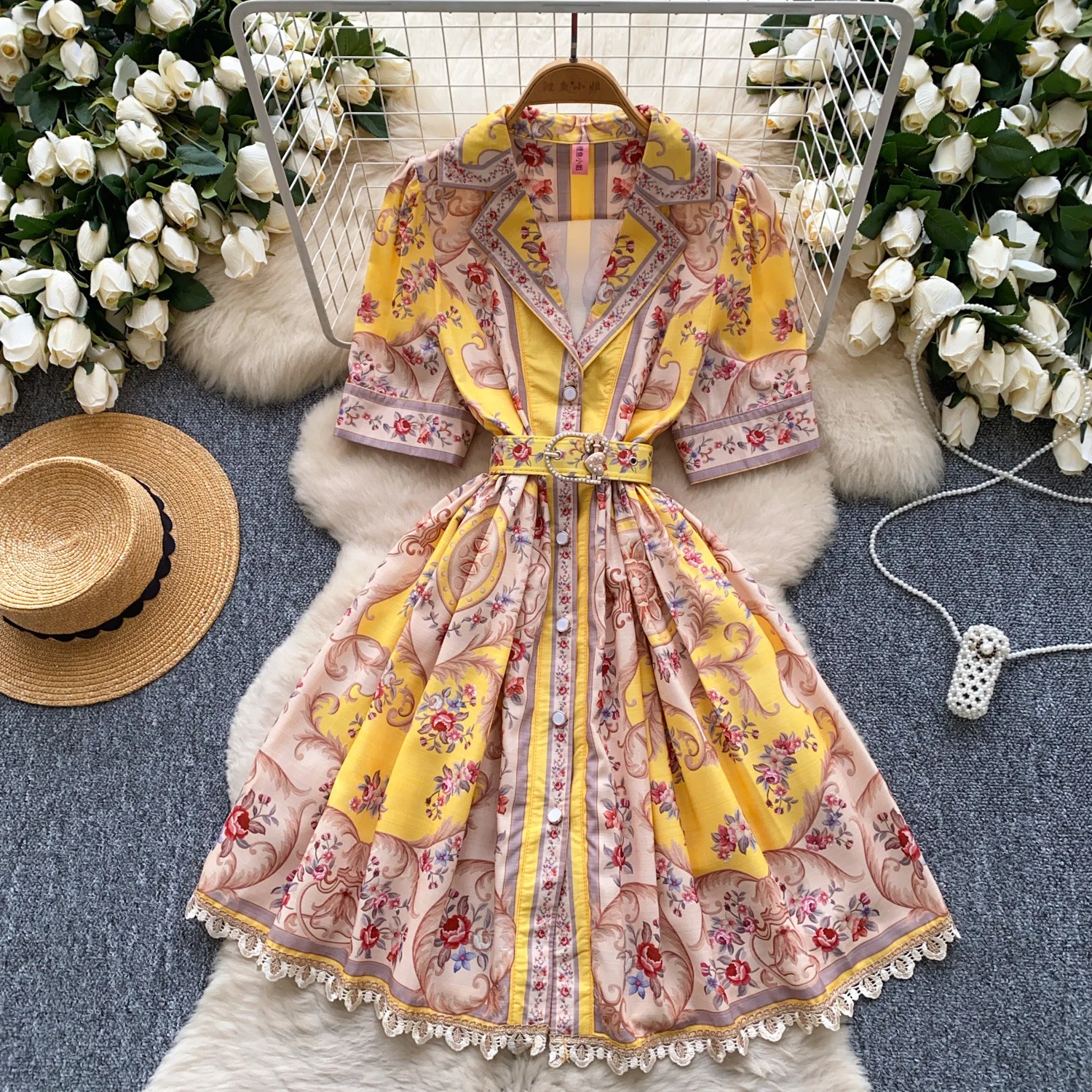 

Women Dress Long Dresses A Line Vestidos Turn Down Collar Puff Sleeve Elegant Splice Y2k Streetwear Work Tight Waist 2025