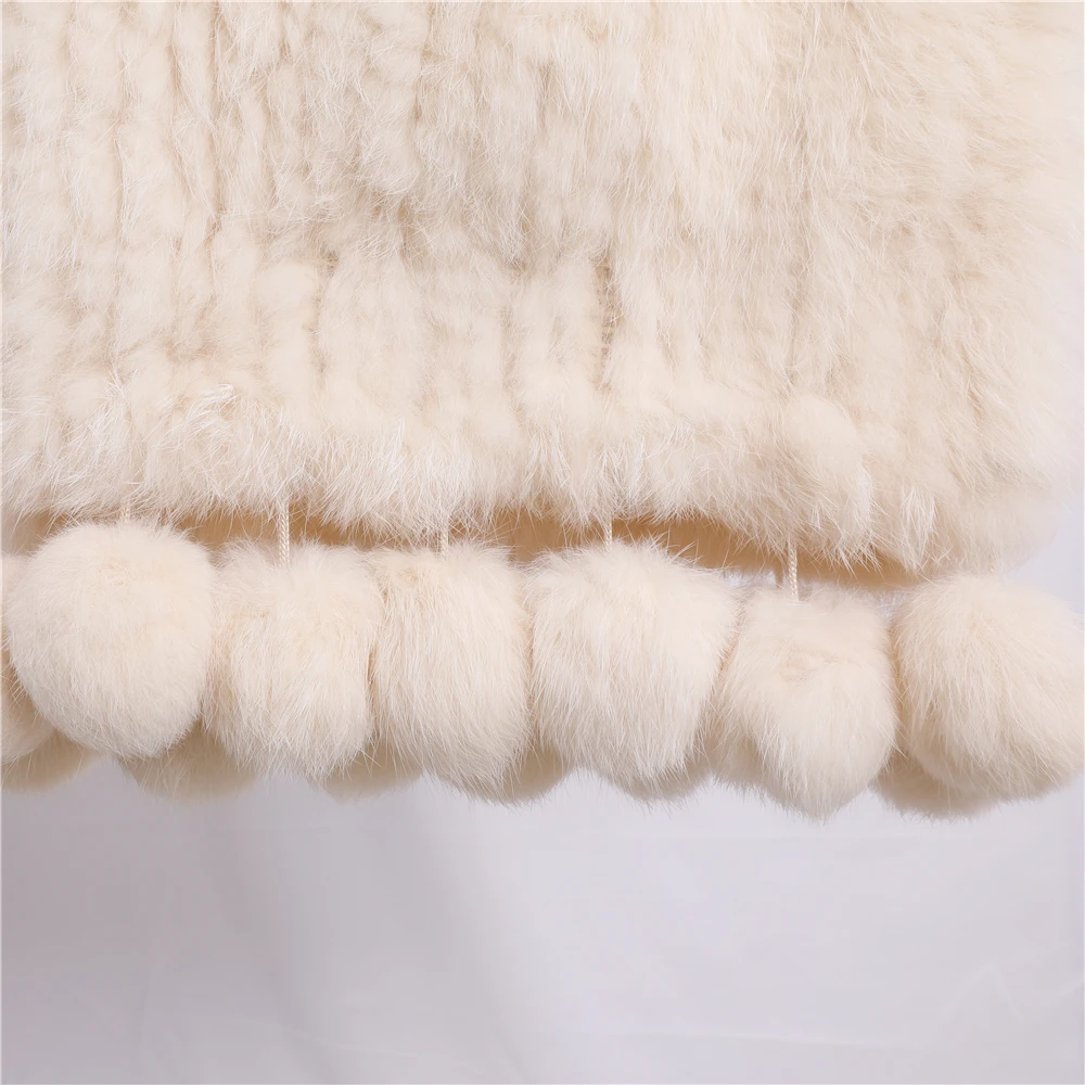 Luxury Women\'s Genuine Real Knitted rabbit Fur Scarves Lady Pashmina Wraps Autumn Winter Women Fur Cape Shawls Scarfs Pom Poms