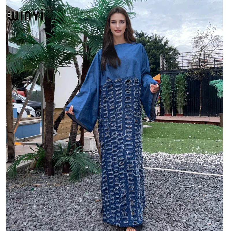 

WINYI Original denim sexy long dress with holes 2024 Fashion Africa Womens party holiday Casual Short Sleeve Maxi beach dress