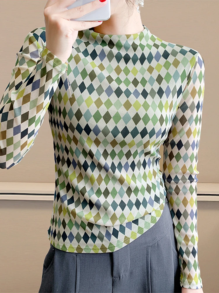 

Облегающая клетчатая футболка с принтом Base irt, женская осенне-зимняя футболка с высоким воротником, длинная футболка Sve Me Top Lace irt European Sle