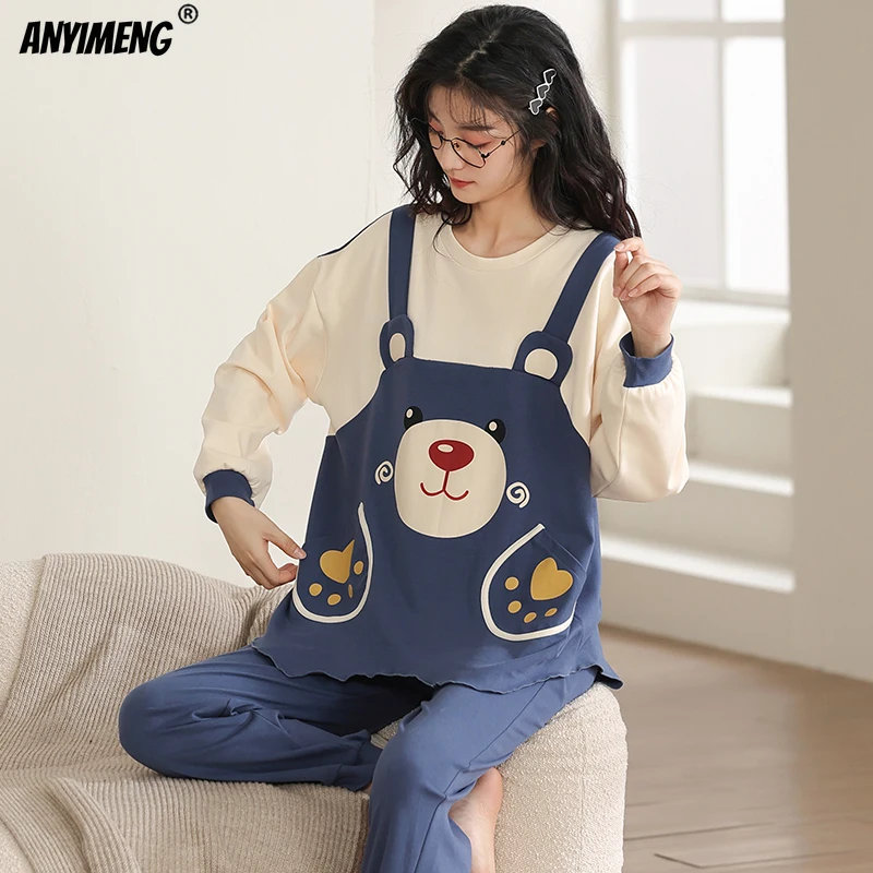 100% Pure Cotton Women Bear Print Pajama Sets Autumn Winter Long Sleeves Pullover Sleepwear Fashion Nightwear Girls Loungewear