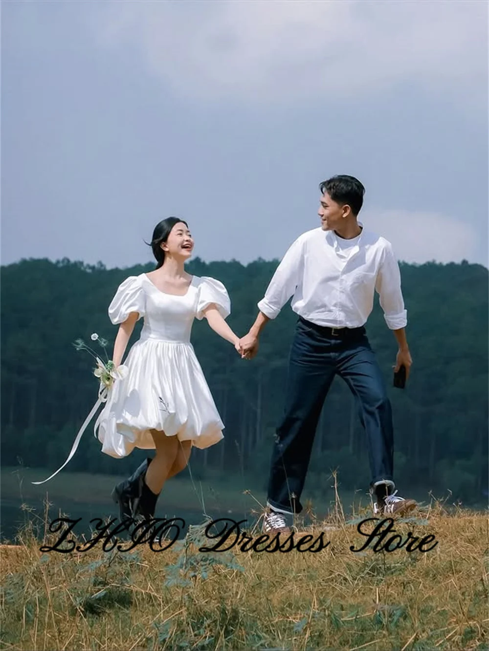 ZHIO Cute Square Collar Puff Sleeves Korea Short Wedding Dresses Satin A Line Customized Bride Photos Shoot Party Gowns