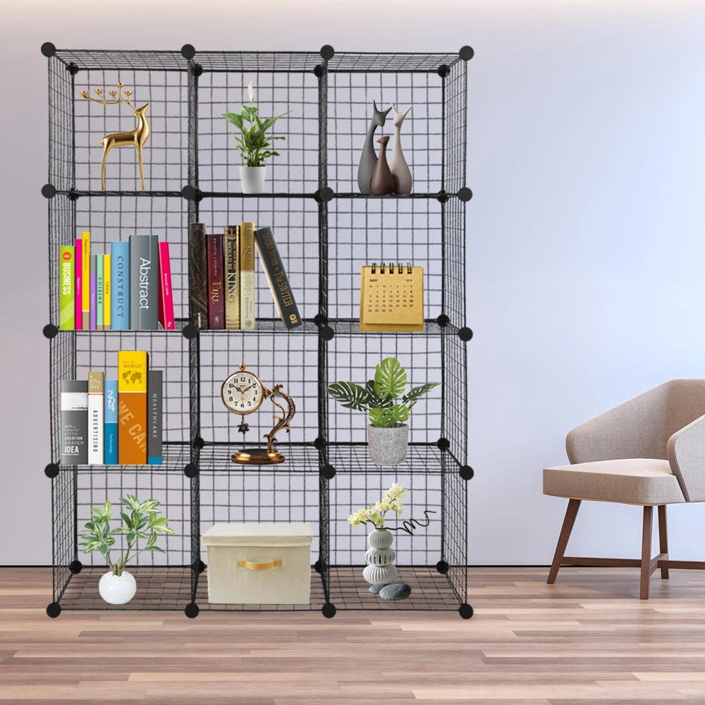 12-Cube Organizer: Modular Wire Shelves, Origami Design, Metal Grid, Multifunction Cubbies for Storage & Display, Bookcase.