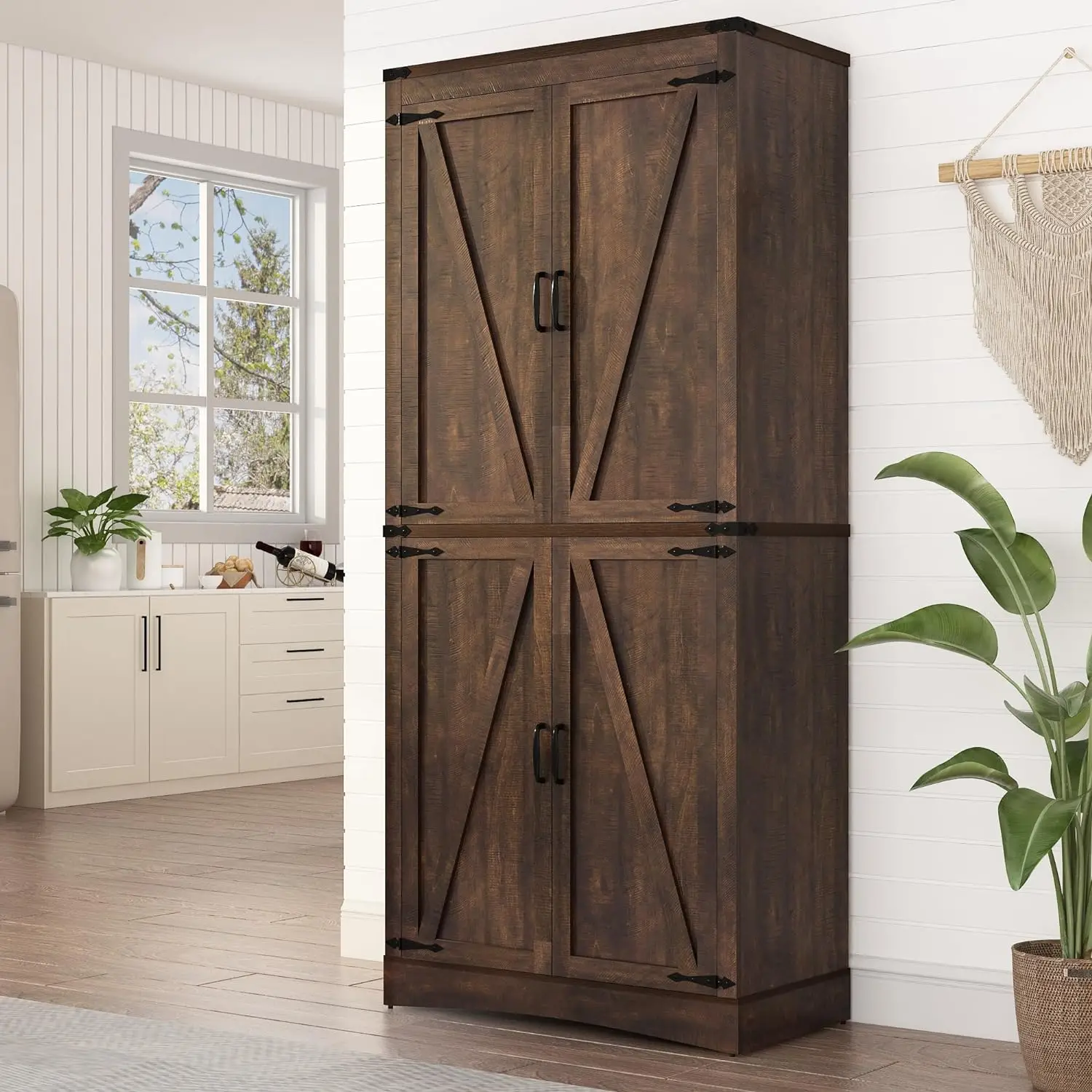 71In Farmhouse Kitchen Pantry Cabinet,Tall Storage Cabinet With 4 Doors And Adjustable Shelves,With Load-Bearing Steel