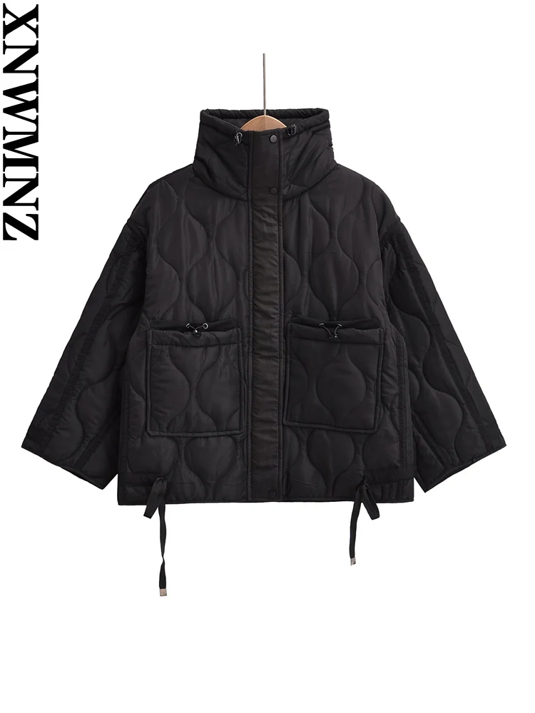 Xnwmnz moda feminina 2024 outono/inverno acolchoado jaqueta feminina vintage suporte pescoço bolso zíper casual feminino outerwear