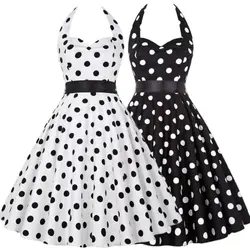 Women Summer Polka Dot Vintage Dress Fashion Party Office Lady Rockabilly Big Swing Halter Clothes