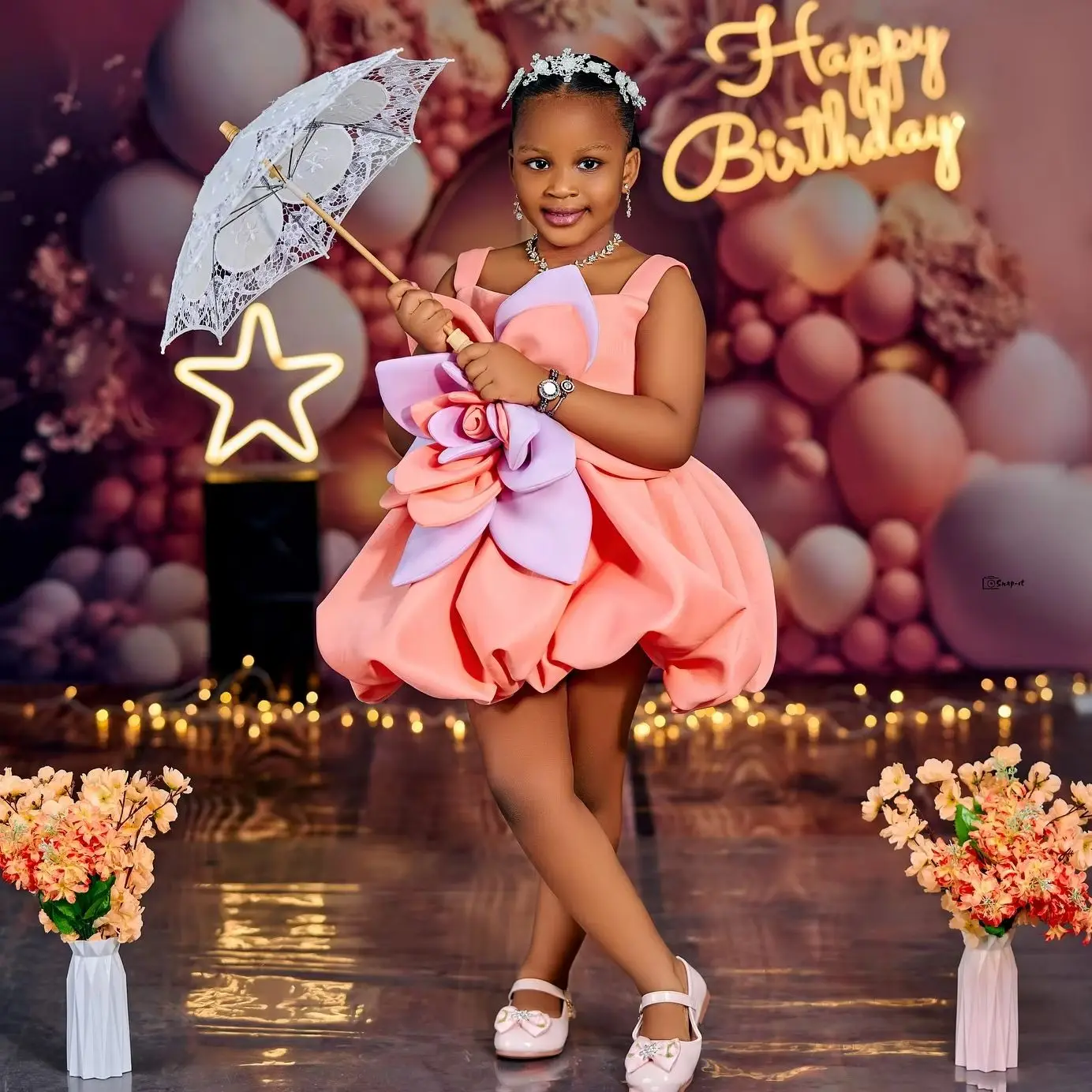 Peach Pink Flower Girl Dresses Big Floral Above Knee Length Princess Birthday Photos Shoot Gowns for Party Customized