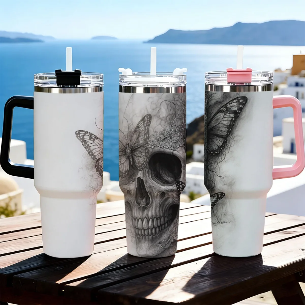 40oz Black White Sketch Skull Butterfly Smoke Art Print Stainless Steel Tumbler With Handle Straw Lid 24 Hours Cold Insulated Travel Water Cup