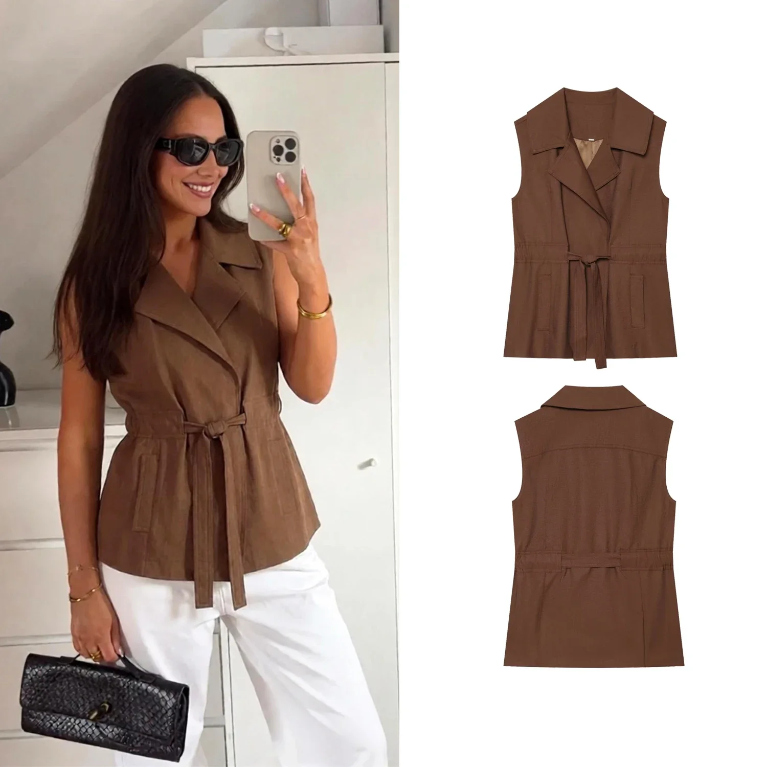 Elegant Vintage Women Vest Coats Spring Autumn Female Commute Sleeveless Vest Lace-Up Jacket Lady High Street Chic Trench Tops