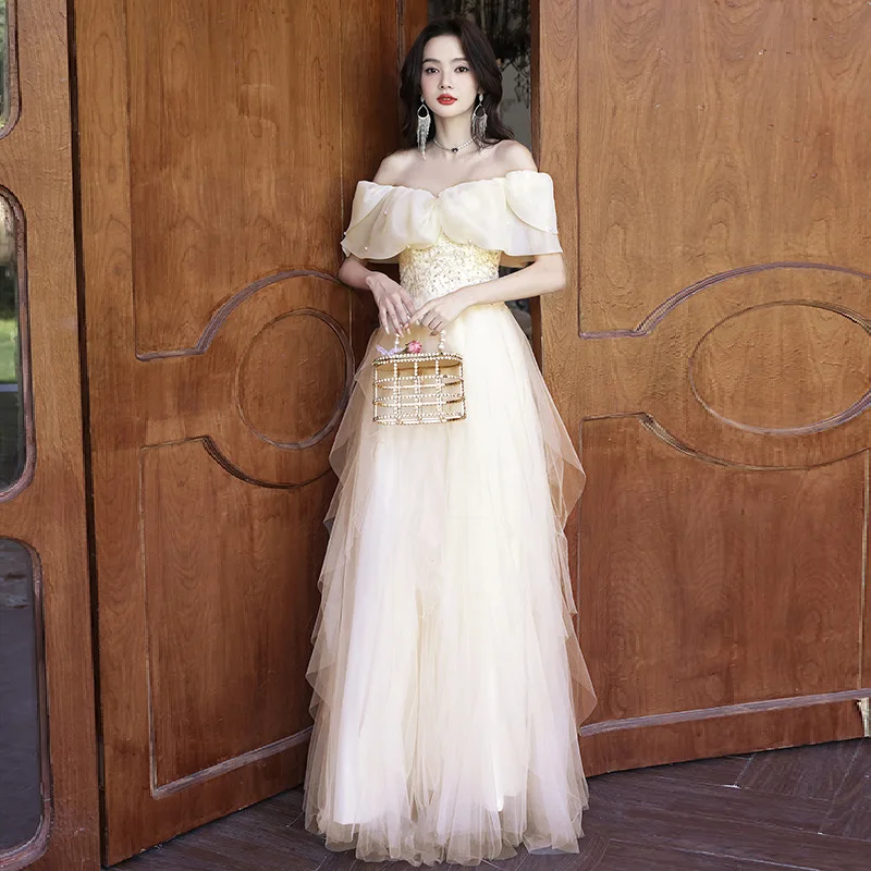 Vestidos de graduación Retro sin hombros para mujer, falda escalonada de encaje sin mangas, vestido de banquete de fiesta elegante para mujer