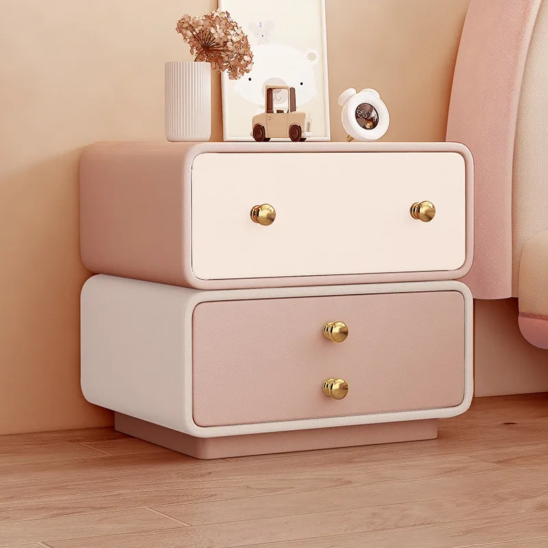 Minimalist nightstand, solid wood children's leather bedside cabinet, cream-style artistic bedroom storage