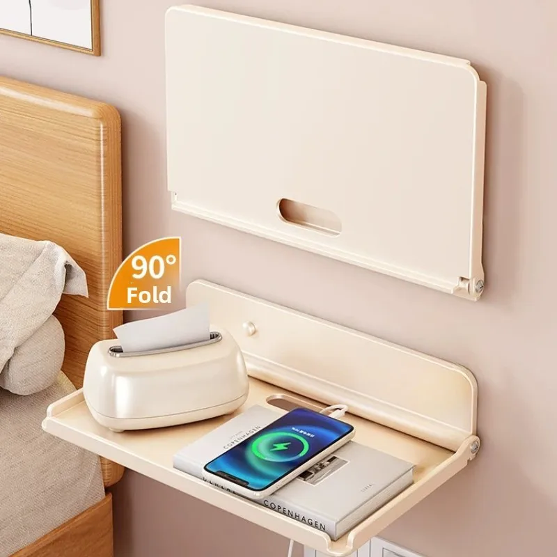 

No Drill Foldable Bedside Rack, Wall Mount Nightstand Replacement,Space Saving Hidden Table,90 Degree Wide Thick Shelf Organizer