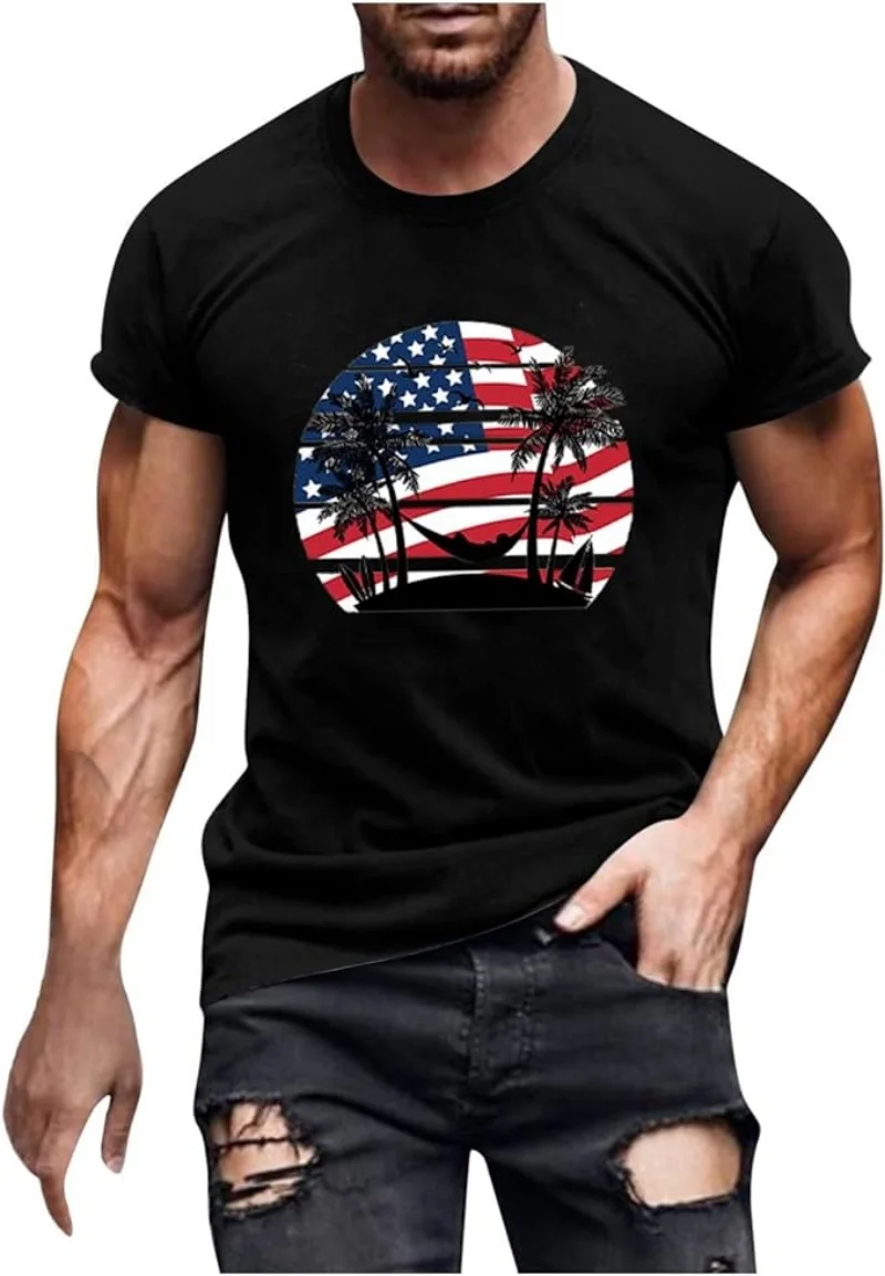 Men's Solid Color tshirts Independence Day 2D Printed Casual T Shirt Night Shirts for Men