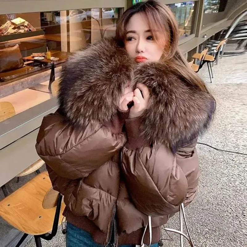 

90% Duck Down Oversized Fur Collar Down Jacket Women Short Bread Clothing 2023 Autumn Winter New Loose Thicke Warm Parker Coat