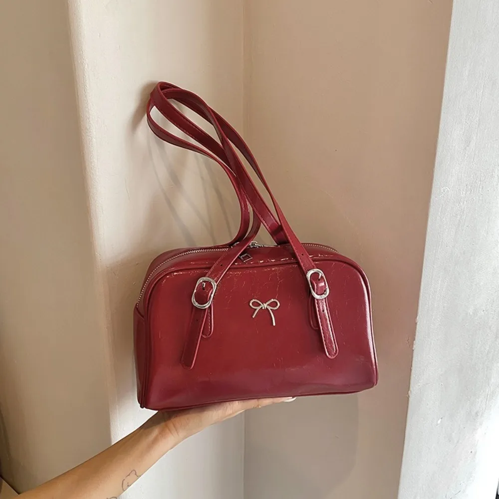

New Bowknot Shoulder Bag Solid Color Large Capacity Underarm Bag Pu Leather Tote Bag