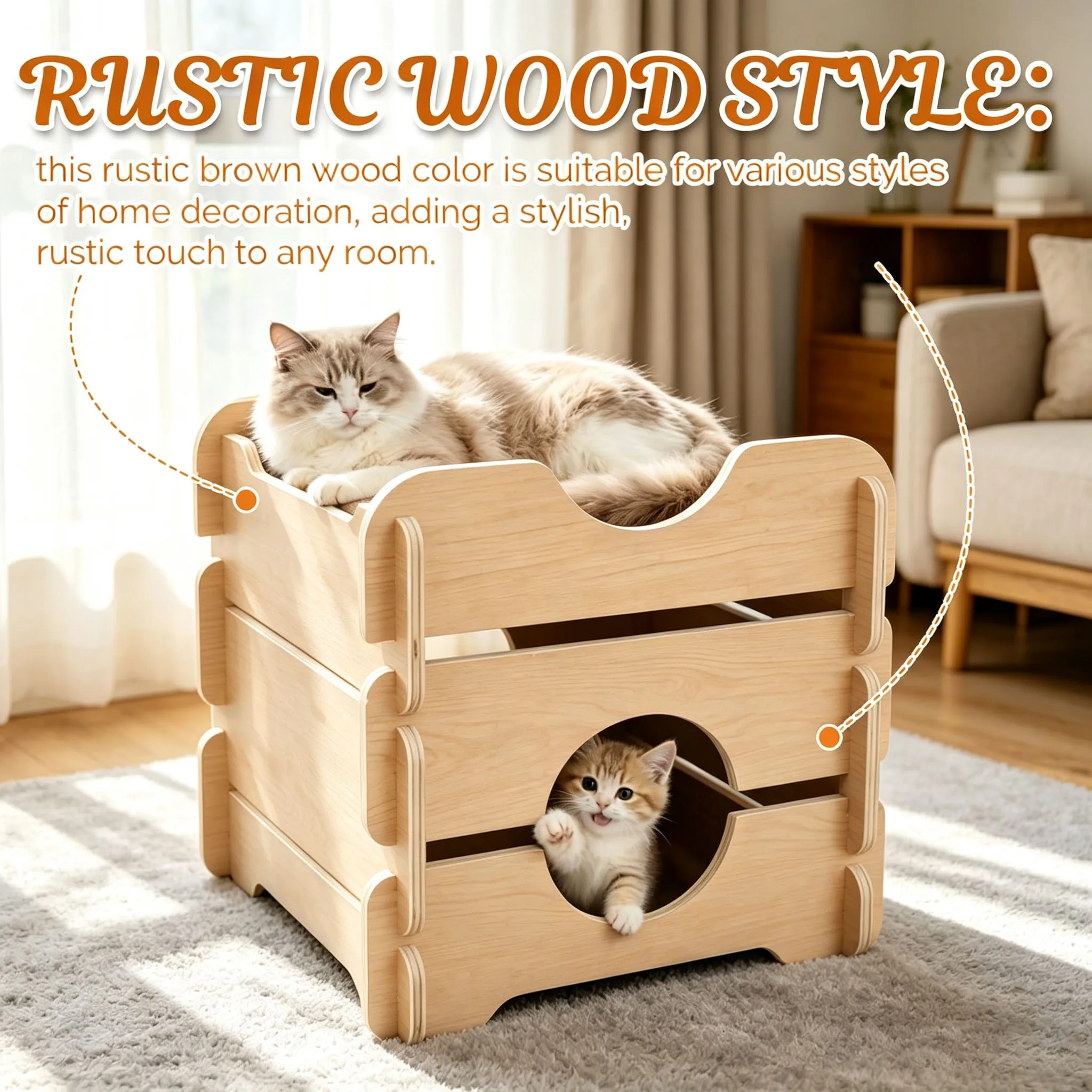 Stackable Cat House 2 Levels Cat Hideaway Cave Indoor Pet Rest Shelter Dual Space Wooden Cat Bed for Cats Home Use Play Relax