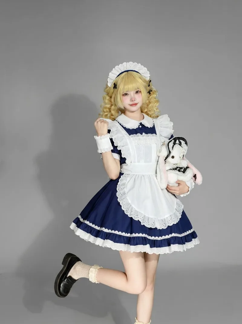 IOOTIANY Marineblau-weißes Dienstmädchen-Lolita-Kleid mit Schürze und Spitzenbesatz, Halloween-Party, süße Lolita-Kleider, Kellnerin-Cosplay-Kostüm – Detail 2