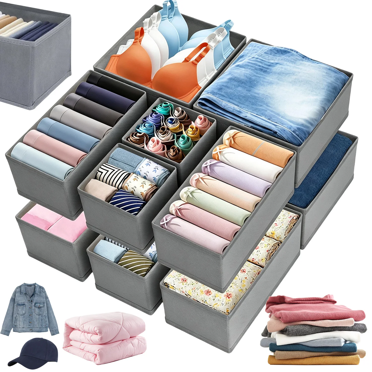 Ensemble de 12 bacs de rangement pliables pour tiroirs, 3 tailles différentes, pour placard, commode, bureau et cuisine – Idéal pour organiser les sous-vêtements et les chaussettes, la séparation des fournitures de bureau et les passionnés de rangement minimaliste à la maison