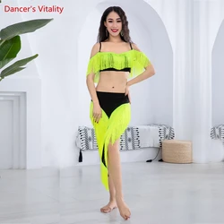 Conjunto de traje de danza del vientre para mujer y niña, Top con borlas y falda larga con flecos, 2 piezas