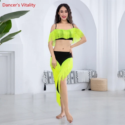 Imagen 1 del producto Conjunto de traje de danza del vientre para mujer, Top con borlas + falda larga con flecos, ropa de danza del vientre para niña, 2 uds.