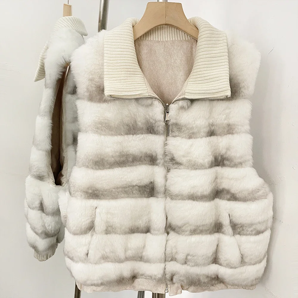 OFTBUY Knit Collar Zip Up Two Sides Wear Fur Waist Coat Women Reversible Real Rabbit Fur Vest New Winter Fur Clothing Female