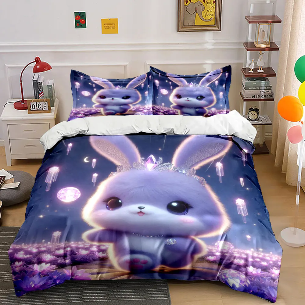 Fluffy purple bunny with jeweled crown Duvet Cover Set with 3D Printing Design Soft Polyester Bedding Set All-Season Comfort