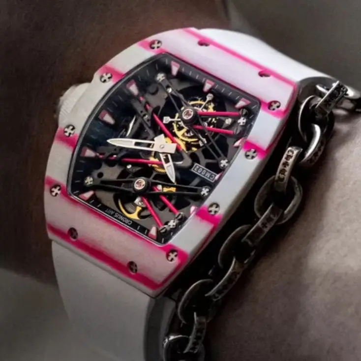 CRONUSART Men Tourbillon Watch Tonneau Mechanical Wristwatch Carbon Fiber Case Sapphire Mirror Luminous Skeleton Dial Waterproof