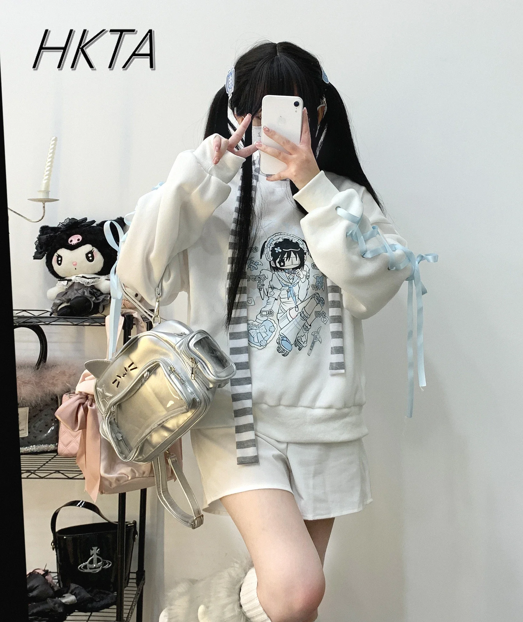 

Japanese Mine Coat Women's Sweet Lace-up Printed Loose Sub-Culture Brushed Hoodie Coats Autumn Winter Water Color Sweatshirt Top