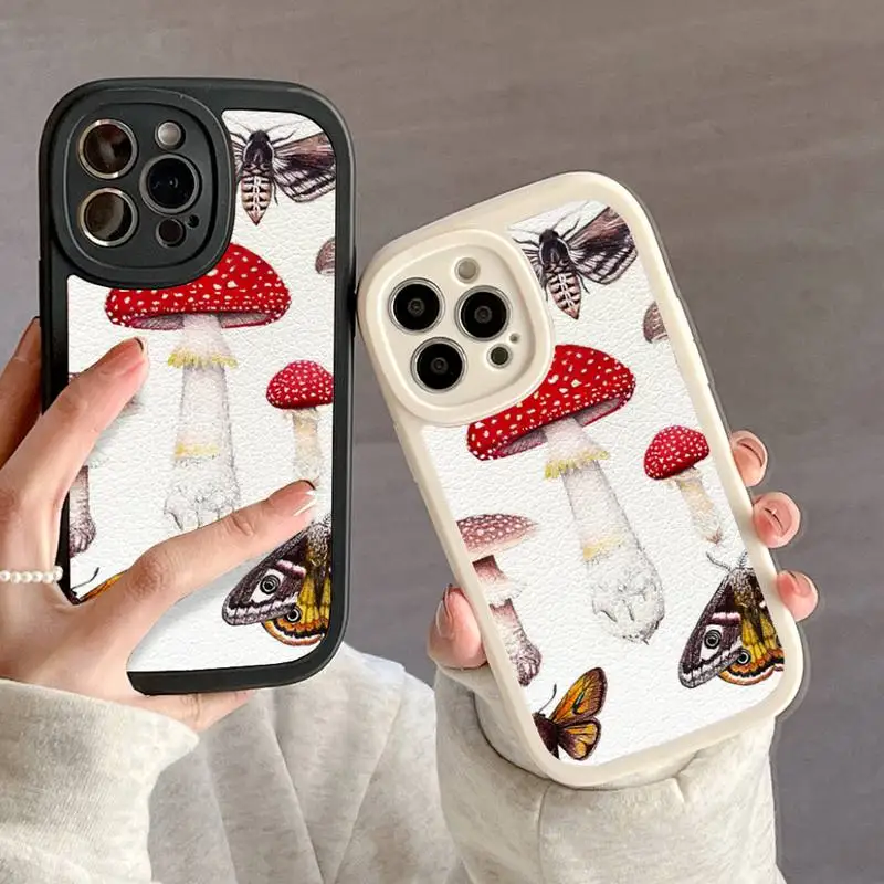 Moths And Mushrooms Phone Case For IPhone 11 12 13 14 15 Plus Pro Max PU Leather Silicon Soft Cover