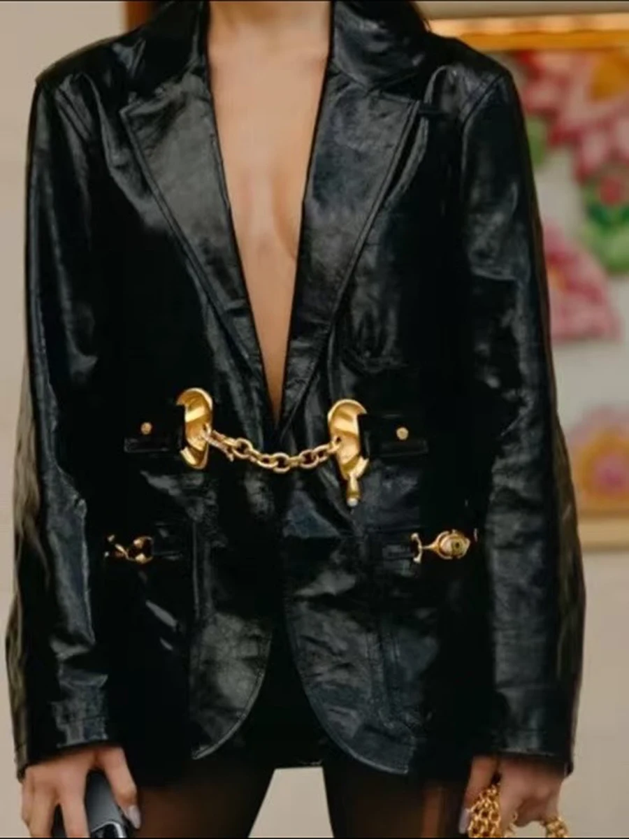 TWOTWINSTYLE الصلبة فضفاضة تقسم مطرزة سترات الموضة للنساء التلبيب طويلة الأكمام المرقعة جيوب سترة جلدية الإناث