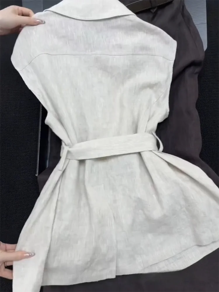 Zomer Vrouwtjes Casual Kraag Vesten Single Breasted Mode Riem Mouwloos Zakwerk Dame Dagelijks Dunne Tops 2023 Nieuw