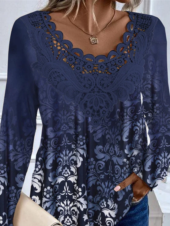 Plus Size Women's Long Sleeve Scoop Neck Floral Printed Lace Stitching Top