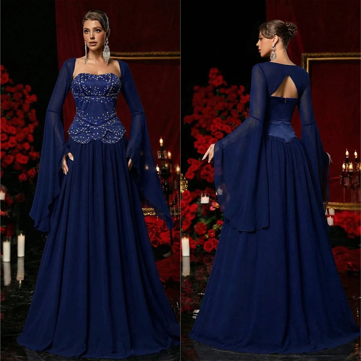 Maßgeschneidertes Trägerloses Abendkleid mit Trompetenärmeln aus Chiffon, Vollständig mit Strass Besetztes Korsett, Fließendes Formelles Hochzeitsgast-Maxikleid