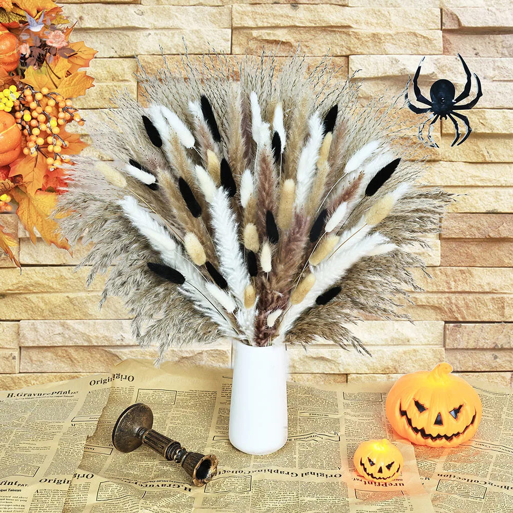

92pcs Halloween Party Decor Dried Flowers Bouquet Black Pampas Reeds Grass Real Plants Home Vase Decorative Festival Ornaments
