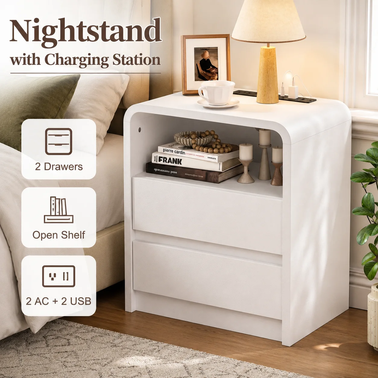 2 Drawer Tall Nightstand with Charging Station 25 Inch Bedside Table with USB C AC Outlets Modern Storage End Table for Bedroom