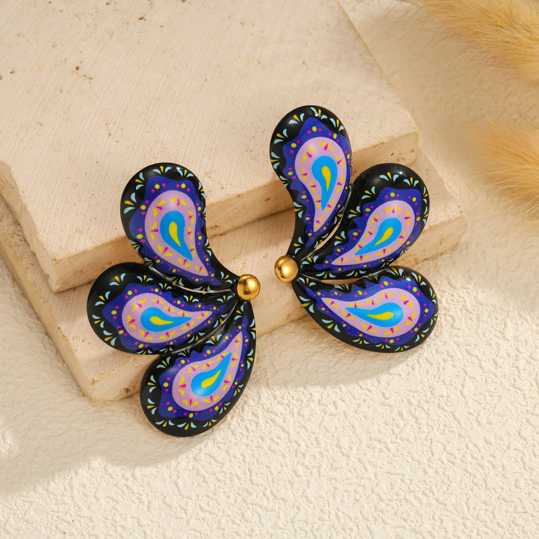 Kissmoon Bohemian Vintage Enamel Earrings for Women Stainless Steel Retro Colorful Oil Dripping Butterfly Earring Jewelry Gift