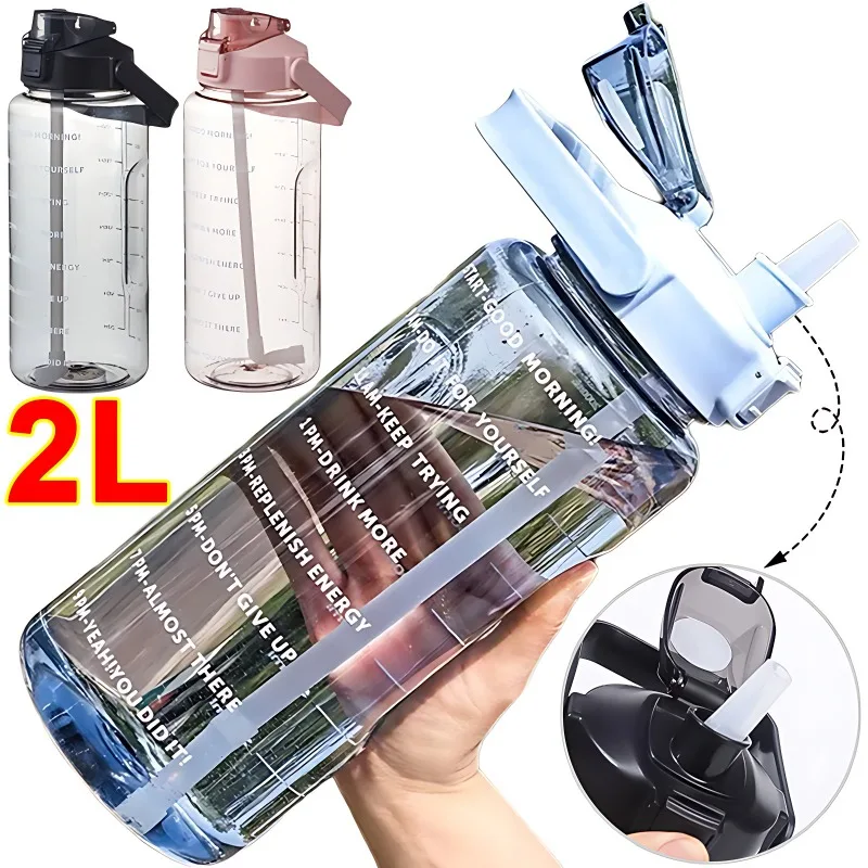 2L Portable Water Bottle Large Capacity Plastic Straw Water Cup Drink Bottle with Time Marker for Outdoor Sports Fitness