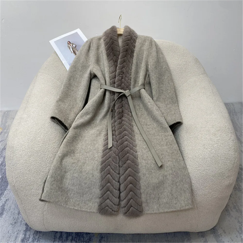 Autumn Winter Cashmere Wool Mink Fur Collar Coat Temperament Slim Fit Long Trench Outerwear High Quality Women's Clothing