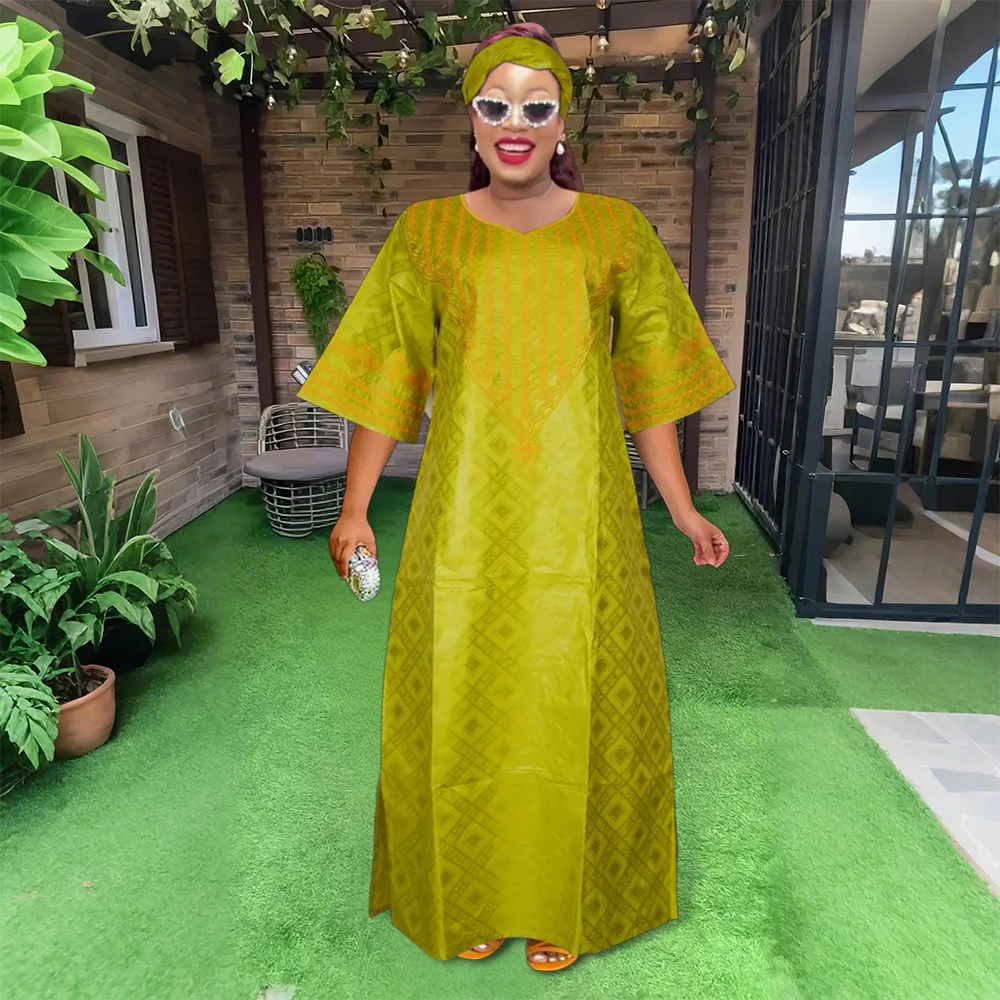 H&D African Dresses For Women Bazin Riche Tradition Embroidery Dress Green Robe Clothes Party Gowns Skirt 2024