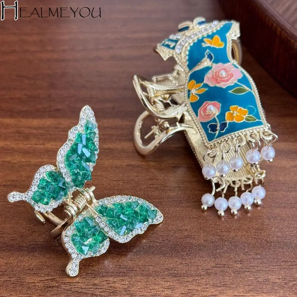 

Exquisite Tassels Chinese Style Hair Claw enamel Pearl Cheongsam Design Hair Clip Hairpin Grab Clip Metal Shark Clip Travel