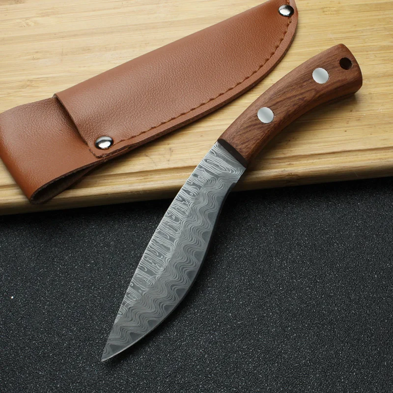 Damascus Patterned Hand Forged Meat Knife Leather Cover Barbecue Meat Camping Outdoor Multi Purpose High Hardness Small Knife