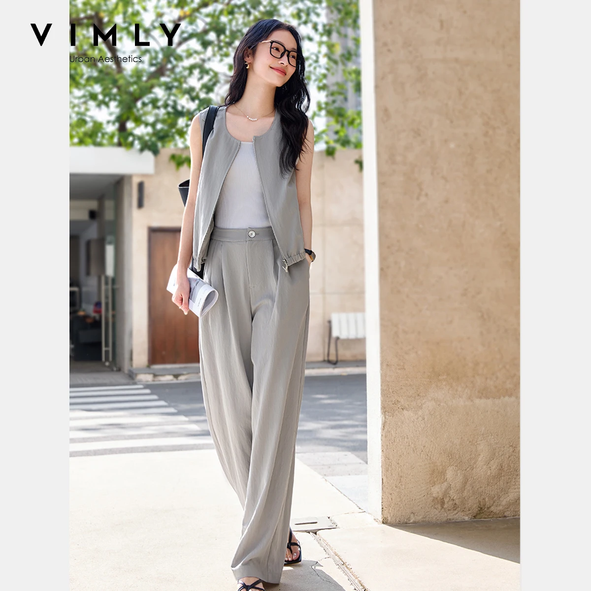 

VIMLY Women's Two Pieces Pant Set Fashion Casual Outfits Summer Pant Suit 2025 Sleeveless Full-zip Top and Wide Leg Pants M9861