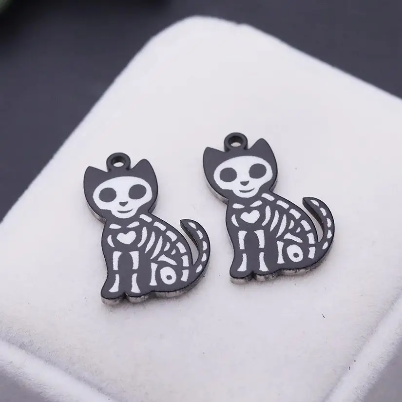 2 pçs na moda preto horror crânio esqueleto gato halloween diy acessórios pingente de aço inoxidável encantos para fazer jóias supplie