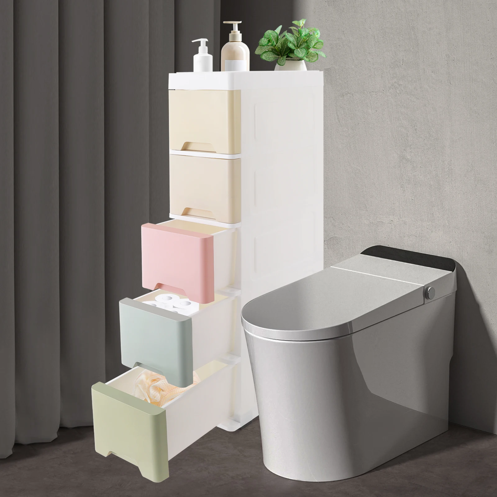 

5 Drawers Storage Cabinet, Floor Standing Cabinet with Top Notch Storage Space, Rolling Narrow Cabinet with Drawer and Wheel