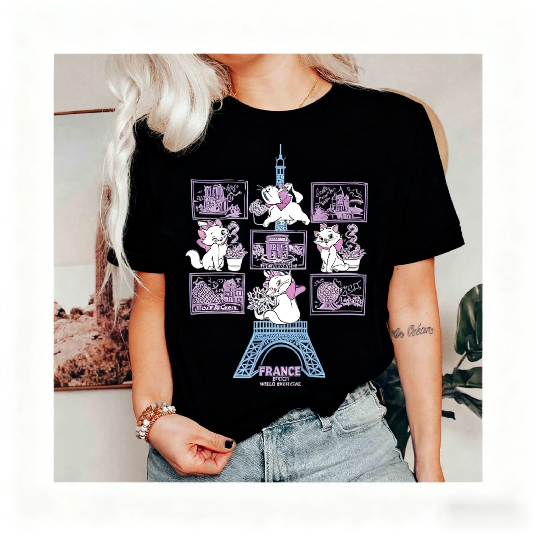 

Рубашка Disney Mary Cat Paris Hello Epcot Showroom Around The World Футболка Cat Adventures Disney Cat Slave Disney World Tour