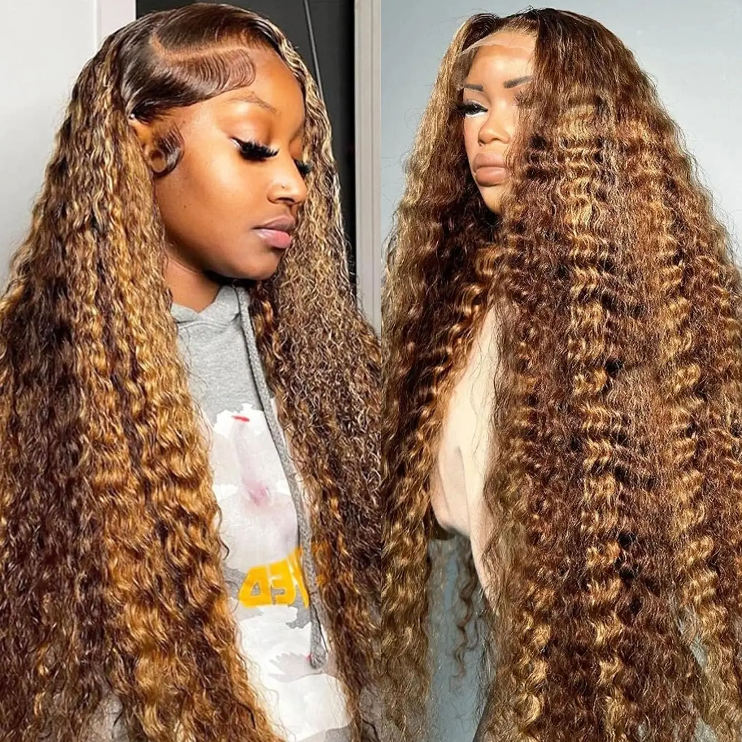 P4/27 Highlight Honey Brown Krullend Transparant HD 13x4 Kant Voorkant Echt Menselijk Haarpruiken Ombre Kleur Diepe Watergolf Volle Pruiken