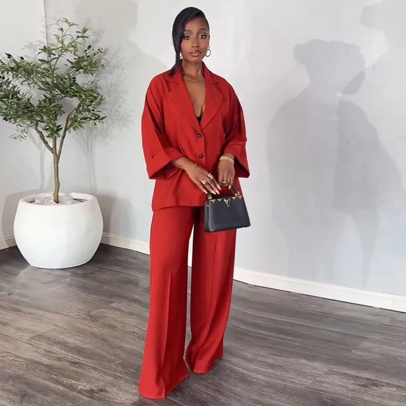 Red Women's 2 Piece Business Suit 2-Button Blazer Casual Office Work Outfits Elegant Pantsuit Set Customize