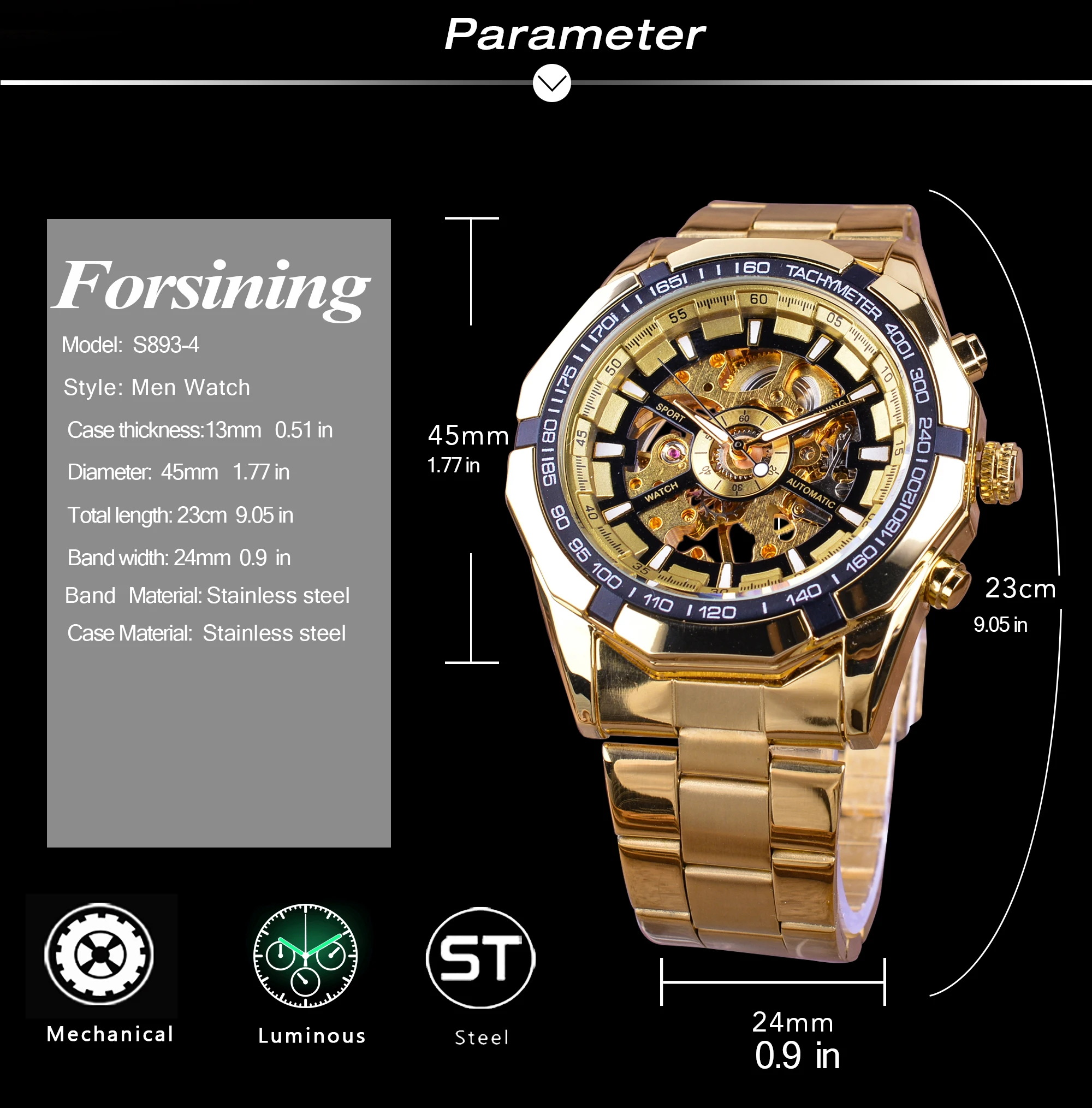 Forsining Skeleton Dial Men\'s Mechanical Watches Luminous Golden Sport Business Style Wristwatch Montre Homme Ideal Gift For Man